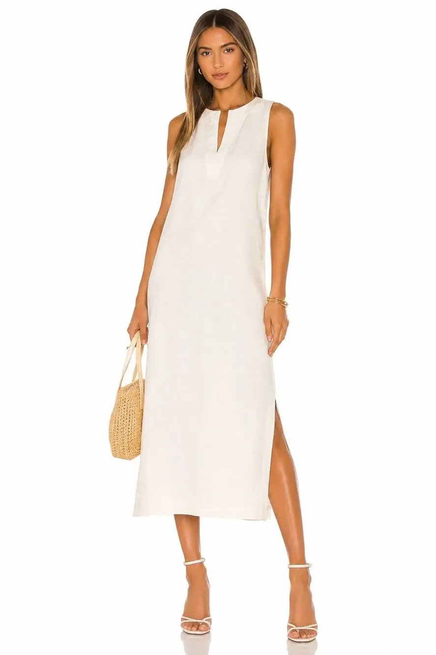 Ann Taylor Linen Blend Sleeveless Split Neck Midi Dress NWT Size M